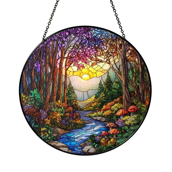 Scenic Woodland Stream Stained Glass Round Window Decor