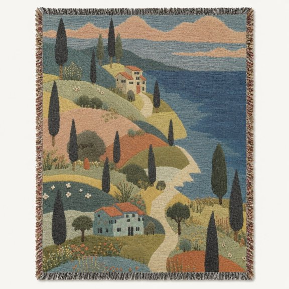 Scenic Woven Cotton Throw Blanket with Fringe, Coastal Hillside Landscape