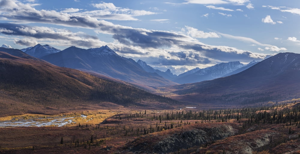 Scenic autumn view of mountains and colorful tundra in Tombstone Territorial Park Yukon Territory Canada Canvas Art - John Hyde Design Pics (21 x 11)