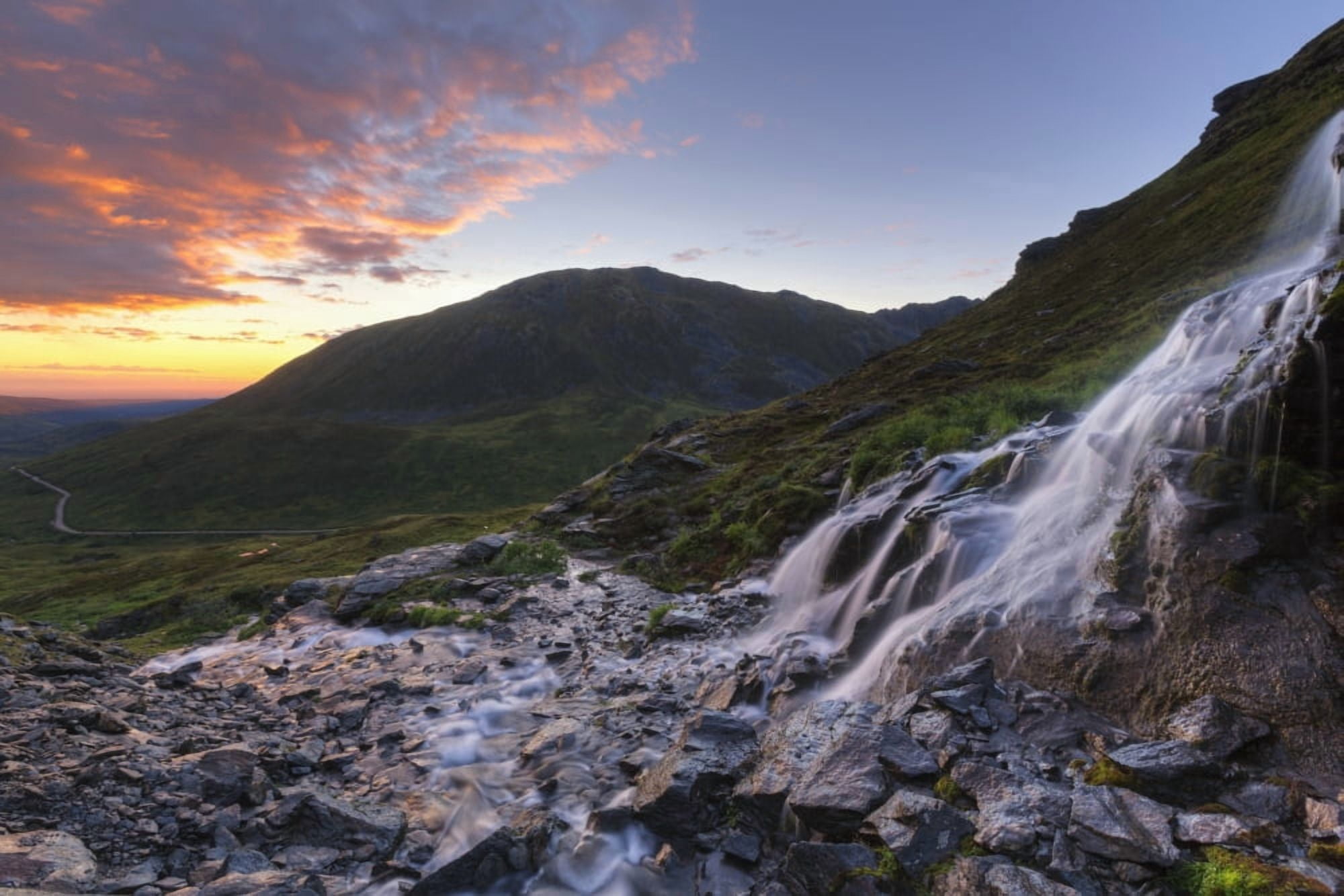 Scenic sunset view of a waterfall at Summit Lake State Recreation Site Hatcher Pass Southcentral Alaska Summer Canvas Art - Lucas Payne Design Pics (38 x 24)