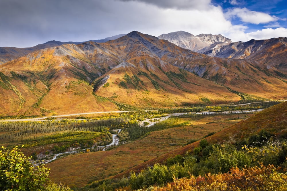 Scenic view of Brooks Range Dietrich River and the Dalton Highway Gates of the Arctic National Park & Preserve Arctic Alaska Autumn Canvas Art - Sunny Awazuhara- Reed Design Pics (19 x 12)