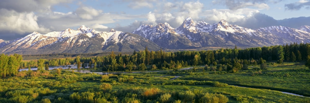 Scenic view of snake river with mountain range in the background Snake River Teton Range Grand Teton National Park Wyoming USA Canvas Art - Panoramic Images (36 x 12)