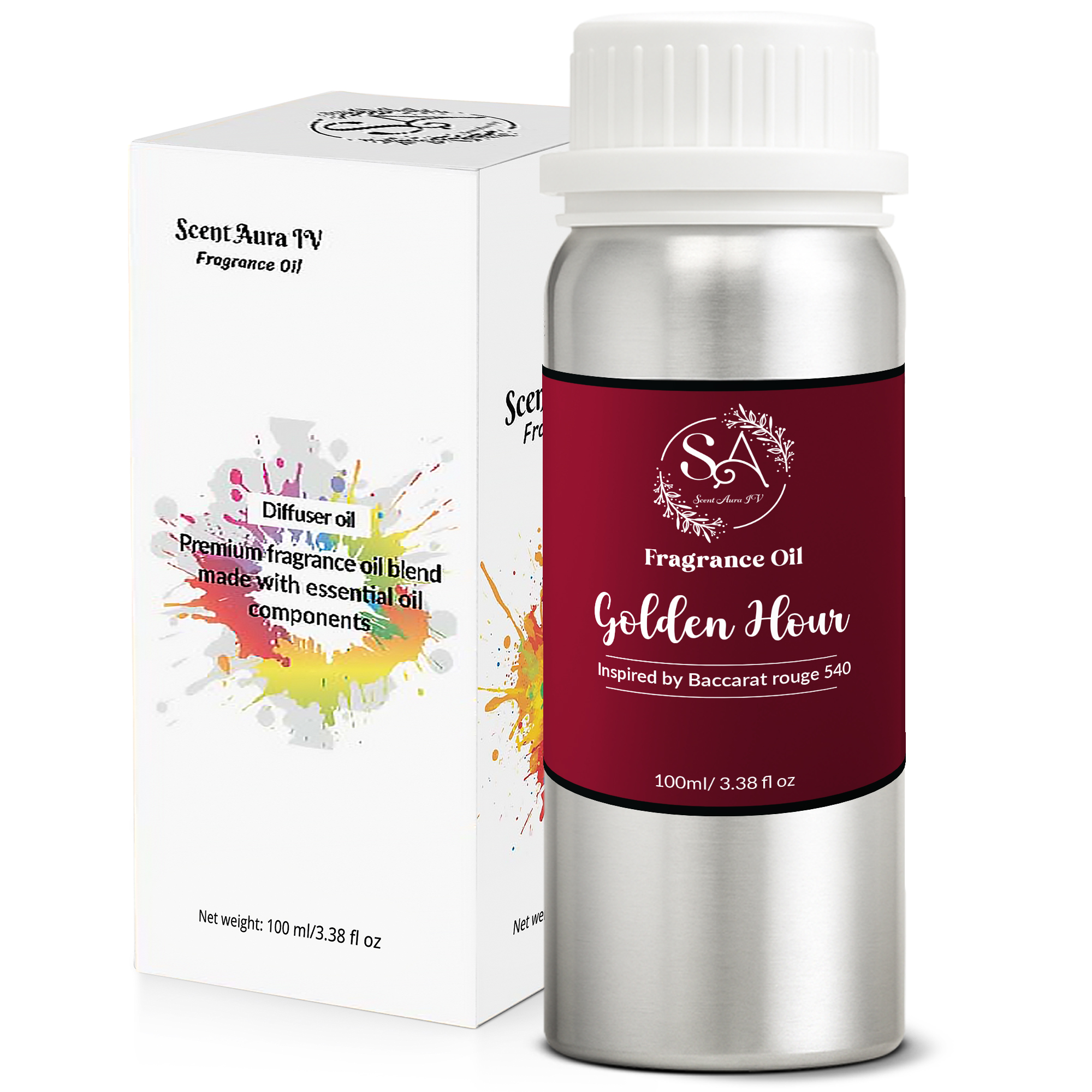 Scent Aura IV Golden Hour Fragrance Oil Inspired by Baccarat Rouge (3.38 Fl Oz|100ml, Hotel Diffuser Oil|Scent Notes:Saffron,Jasmine, Amberwood,Ambergris,Fir,Cedar)
