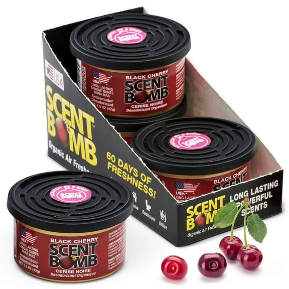 Scent Bomb Black Cherry Organic Spill-Proof Air Freshener Cans – Natural Odor Eliminator for Car, Home, and Bathroom – Long-Lasting, Non-Toxic, Fresh Scent – Ideal for Any Room or Vehicle (4-Pack)