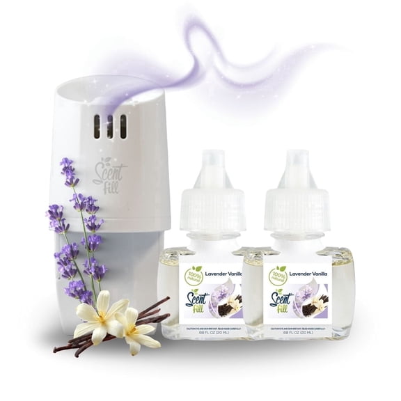 Scent Fill 100% Natural Lavender Vanilla Plug in Air Freshener, Scented Oil Refills, 2 Refills + Diffuser