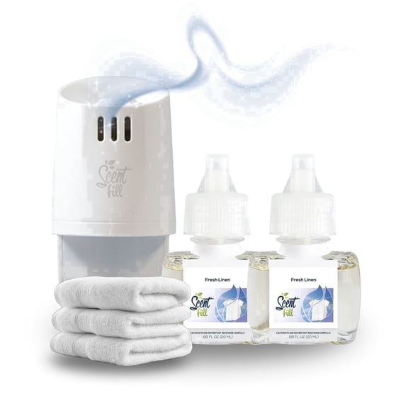 Scent Fill Fresh Linen Plug in Air Freshener Starter Kit, Scented Oil Refills, 2 Refills + Diffuser