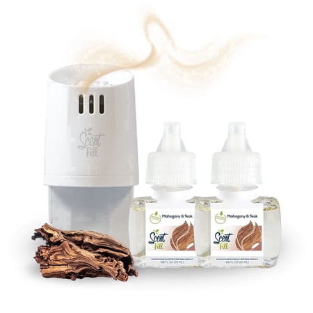 Scent Fill Mahogany & Teak Plug in Air Freshener Starter Kit, Scented Oil Refills, 2 Refills + Diffuser