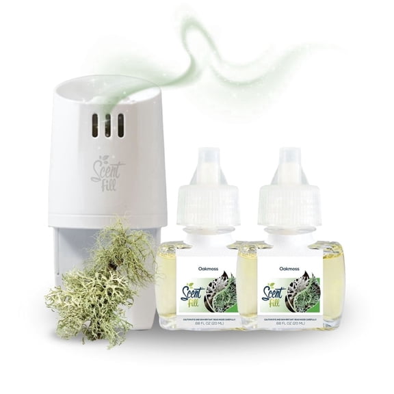 Scent Fill Oakmoss Plug In Air Freshener Starter Kit, Scented Oil Refills, 2 Refills + Diffuser