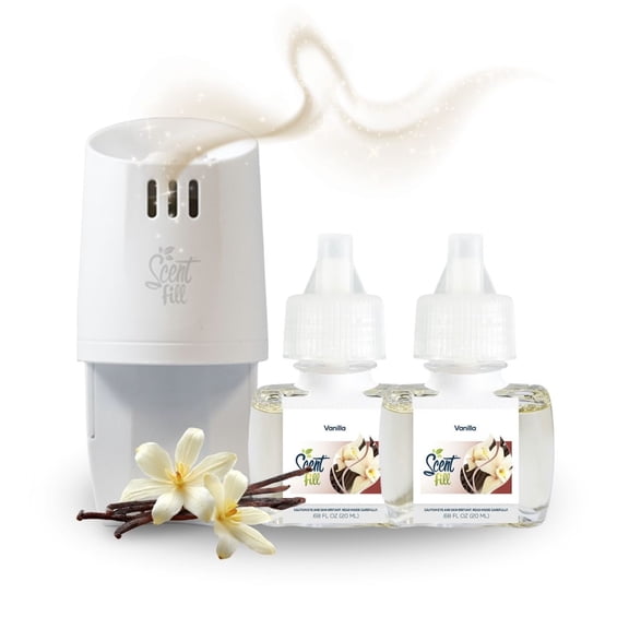 Scent Fill Vanilla Plug in Air Freshener Starter Kit, Scented Oil Refills, 2 Refills + Diffuser