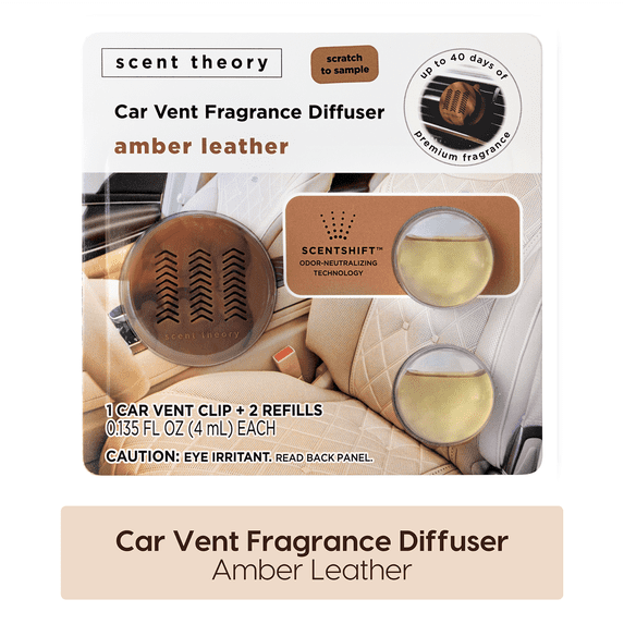 Scent Theory Fragrance Diffuser Set for Cars with 2 Refill Pods, Amber Leather