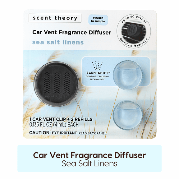 Scent Theory Fragrance Diffuser Set for Cars with 2 Refill Pods, Sea Salt Linens
