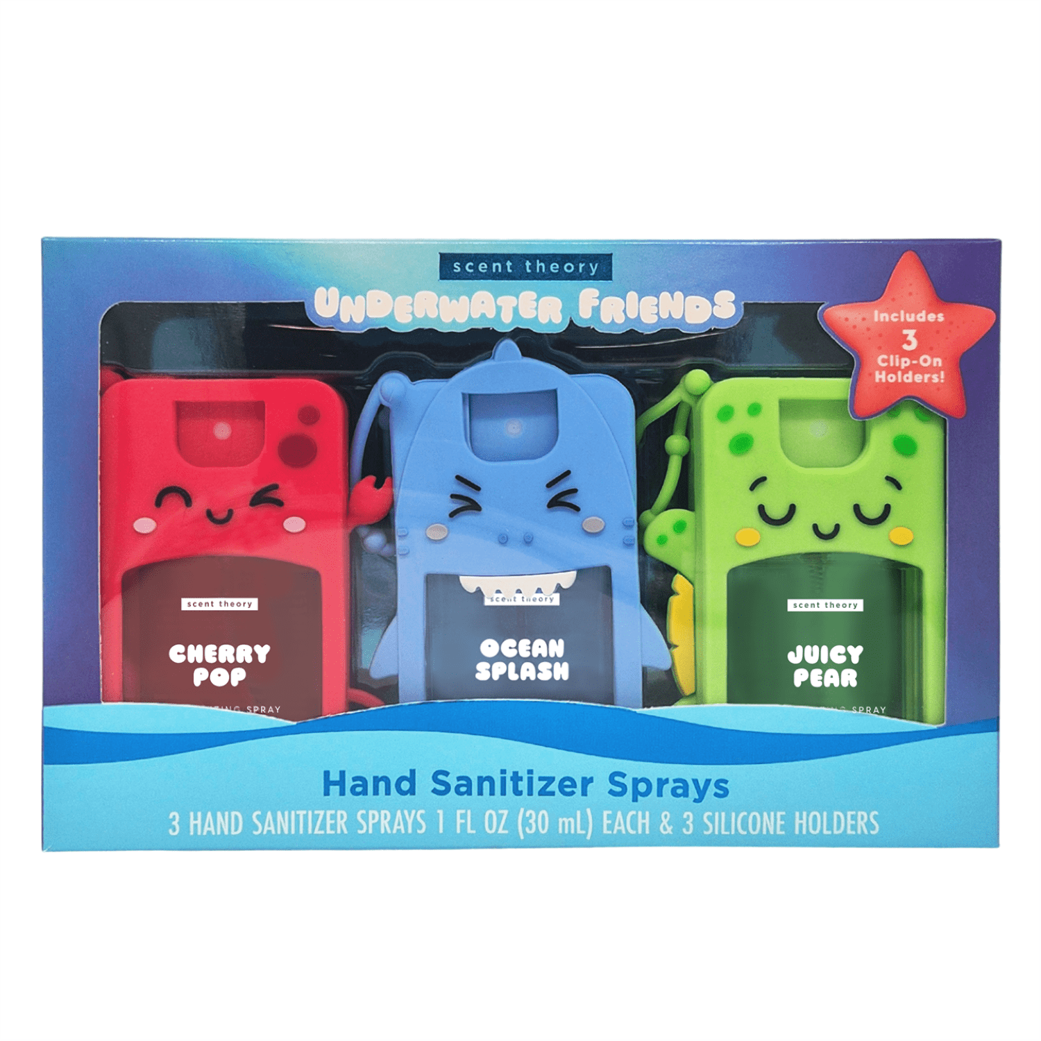 Scent Theory Underwater Friends Hand Sanitizer Spray Gift Set, 3 Sprays + 3 Clip-On Holders, 1 fl oz
