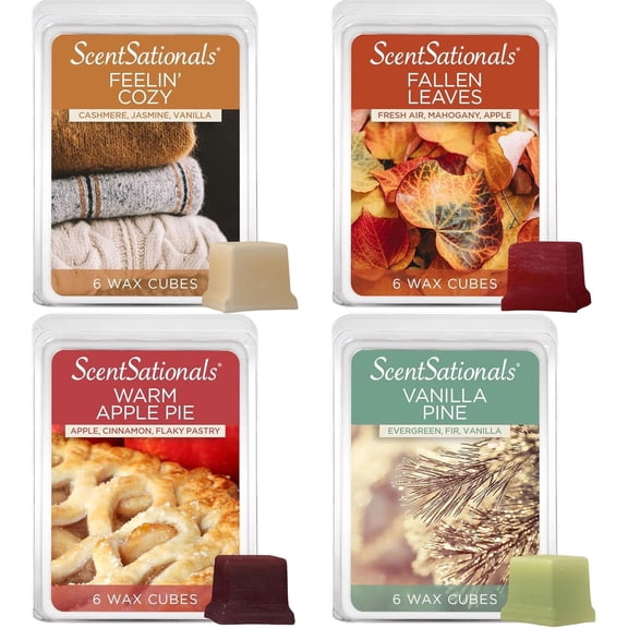 ScentSationals Wax Melts Cozy Core - Harvest Home 4-Pack Long Lasting Wax Cubes with Strong Scent for Warmers Includes Warm Apple Pie, Vanilla Pine, Fallen Leaves & Feelin Cozy 10oz (24-Cubes)