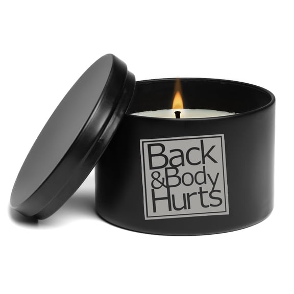 Scented Candle Gift 8oz with Lid Back & Body Hurts Funny Birthday Funny Retirement (Vanilla - Black)