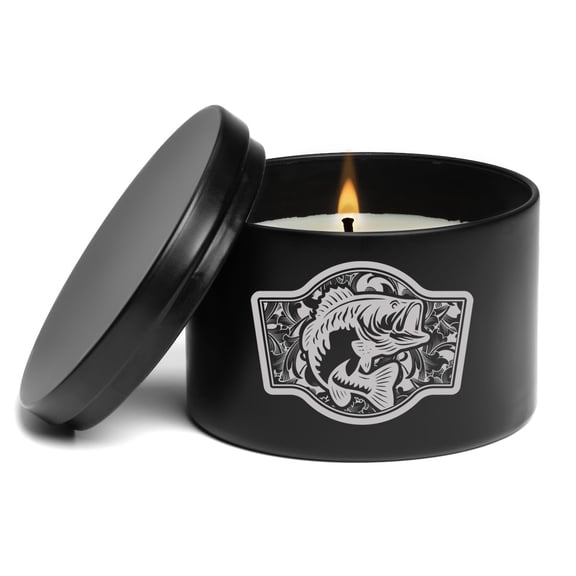 Scented Candle Gift 8oz with Lid Bass Fish Scroll Pattern (Black, Citrus)