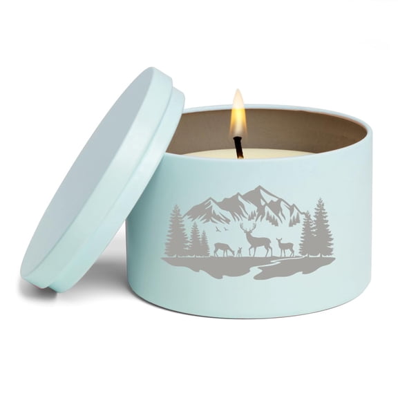 Scented Candle Gift 8oz with Lid Deer Mountain Forest River Scene (Blue, Citrus)