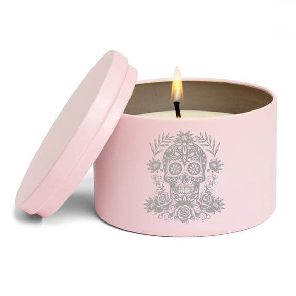 Scented Candle Gift 8oz with Lid El Da de Los Muertos Day of The Dead Skull (Pink, Vanilla)