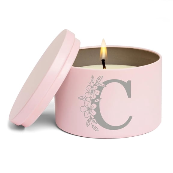 Scented Candle Gift 8oz with Lid Floral Monogram Letter C (Pink, Citrus)