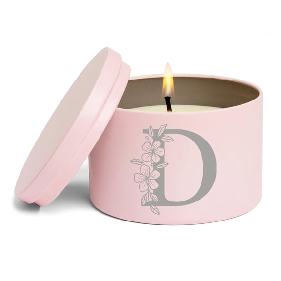 Scented Candle Gift 8oz with Lid Floral Monogram Letter D (Pink, Lavender)