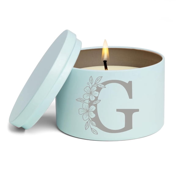 Scented Candle Gift 8oz with Lid Floral Monogram Letter G (Blue, Vanilla)