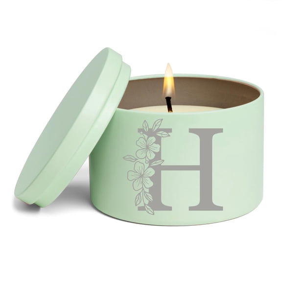 Scented Candle Gift 8oz with Lid Floral Monogram Letter H (Green, Vanilla)