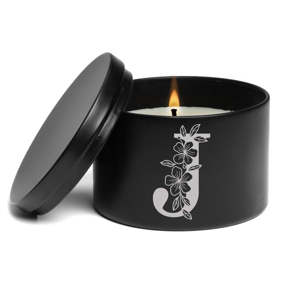 Scented Candle Gift 8oz with Lid Floral Monogram Letter J (Black, Vanilla)