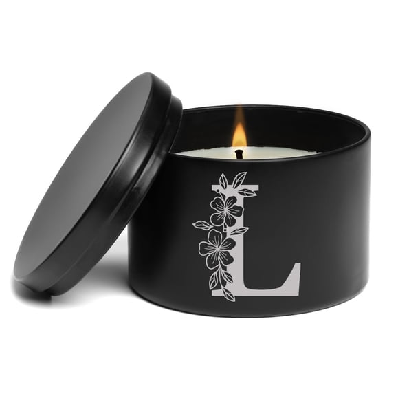 Scented Candle Gift 8oz with Lid Floral Monogram Letter L (Black, Lavender)
