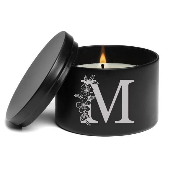 Scented Candle Gift 8oz with Lid Floral Monogram Letter M (Black, Vanilla)