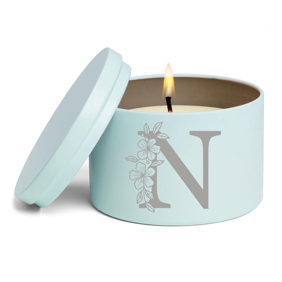 Scented Candle Gift 8oz with Lid Floral Monogram Letter N (Blue, Vanilla)