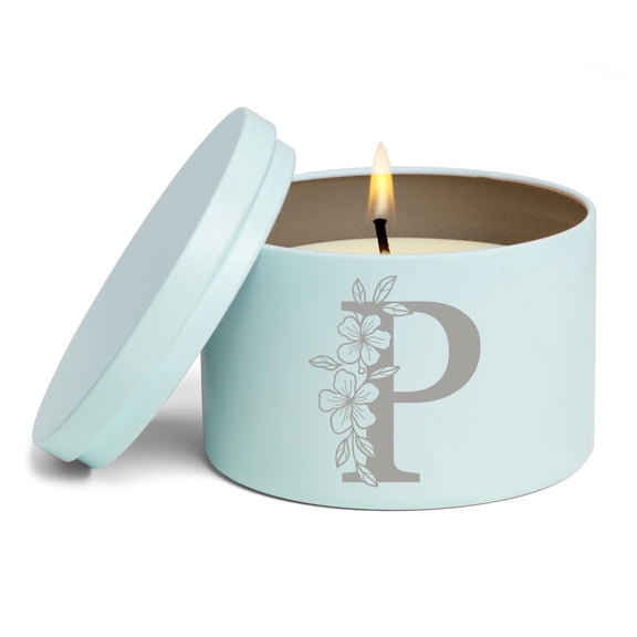 Scented Candle Gift 8oz with Lid Floral Monogram Letter P (Blue, Citrus)