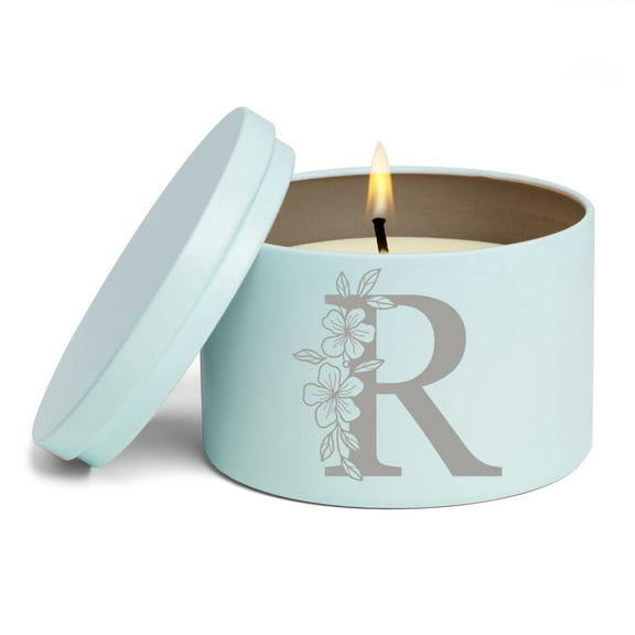 Scented Candle Gift 8oz with Lid Floral Monogram Letter R (Blue, Lavender)