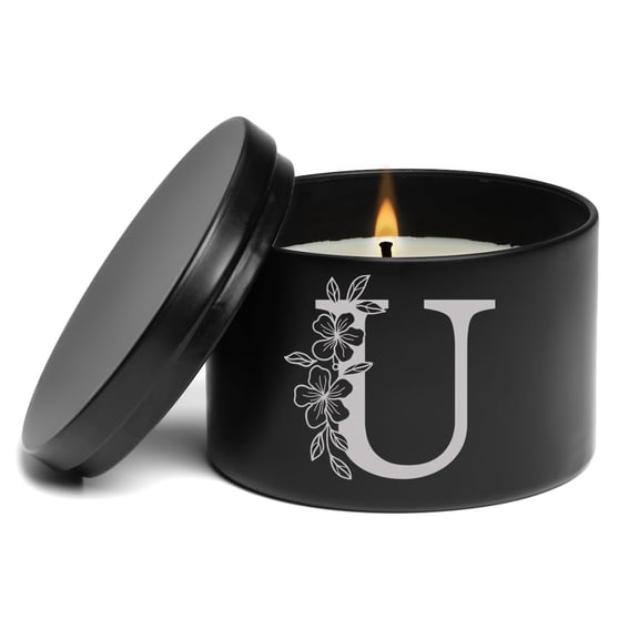 Scented Candle Gift 8oz with Lid Floral Monogram Letter U (Black, Lavender)