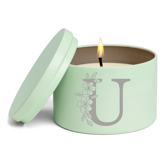 Scented Candle Gift 8oz with Lid Floral Monogram Letter U (Green, Citrus)