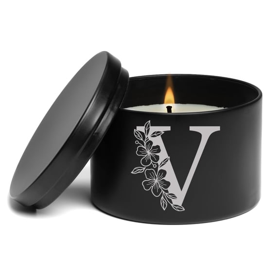 Scented Candle Gift 8oz with Lid Floral Monogram Letter V (Black, Vanilla)