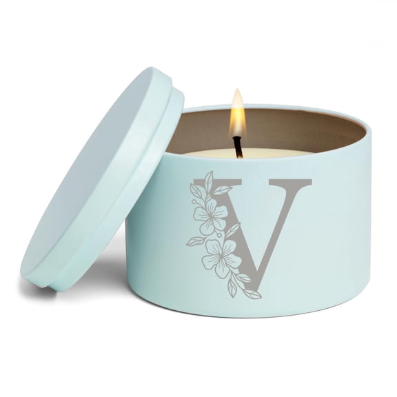 Scented Candle Gift 8oz with Lid Floral Monogram Letter V (Blue, Citrus)