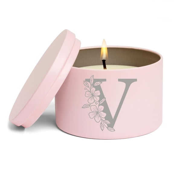 Scented Candle Gift 8oz with Lid Floral Monogram Letter V (Pink, Vanilla)