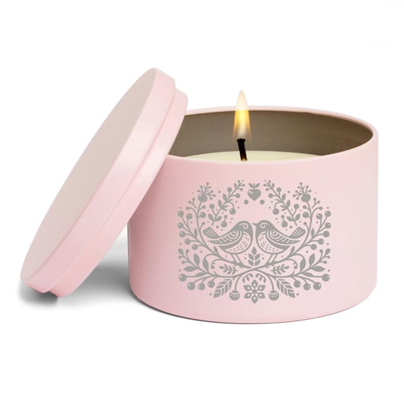 Scented Candle Gift 8oz with Lid Folk Art Birds (Pink, Vanilla)
