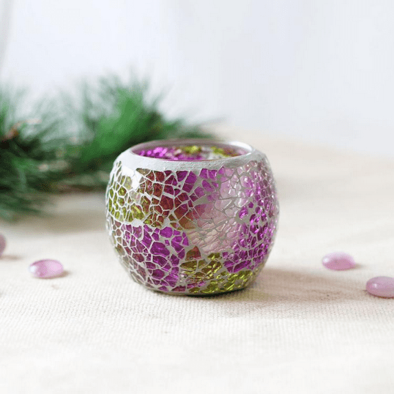 Scented Candle Holder Mosaic Glass Tea Light Holder,Handmade Romantic Glass Tealight Candle Holder for Aromatherapy,Party Décor(NO Candles),Also Used as Vase,Pen Holder,Potted Plants Bowl Rose Red