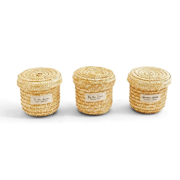 Scented Candle in Handcrafted Straw Lidded Basket Set of 3 w/ 3 Assorted Scents