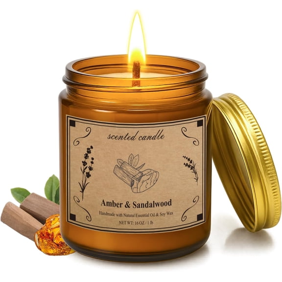Scented Candles, 16oz Large Jar Soy Wax Candle Amber & Sandalwood with Premium Plant Wax Blend for Consistent Burn, Aromatherapy Candle for Home Scented, Relaxation and Gift for Women/Men