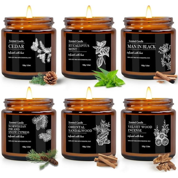 Scented Candles for Men | 6 Pack Candles for Home Scented, 150 Hour Burn Time Aromatherapy Christmas Candles Gifts for Men Birthday|Sandalwood Cedar |