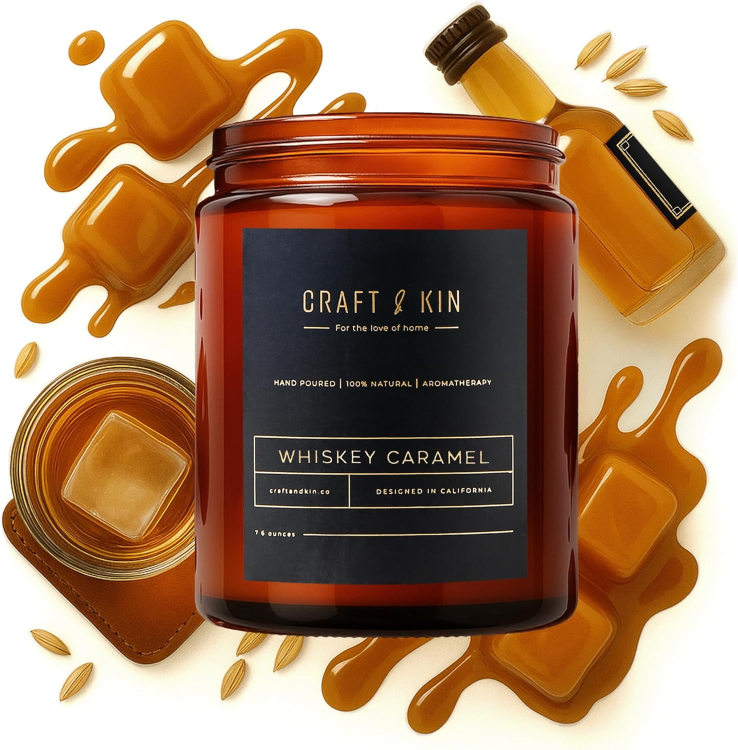 Amber Glass Jar Whiskey Caramel Scented Soy Candle