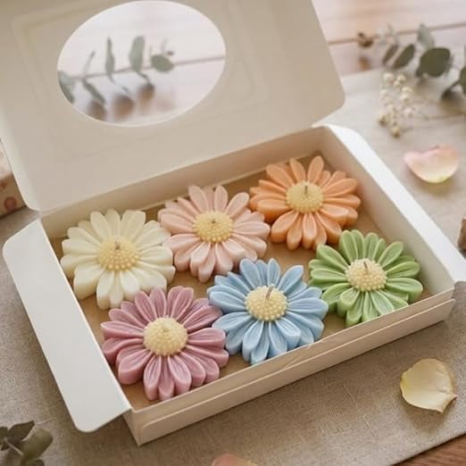 Scented Daisy Candle, Set of 6, Handcrafted Floral Soy Wax Candles, Aromatherapy, Decorative Design, Eco-Friendly, Ideal for Home Decor, Weddings, or Gifts, Magical Shades.
