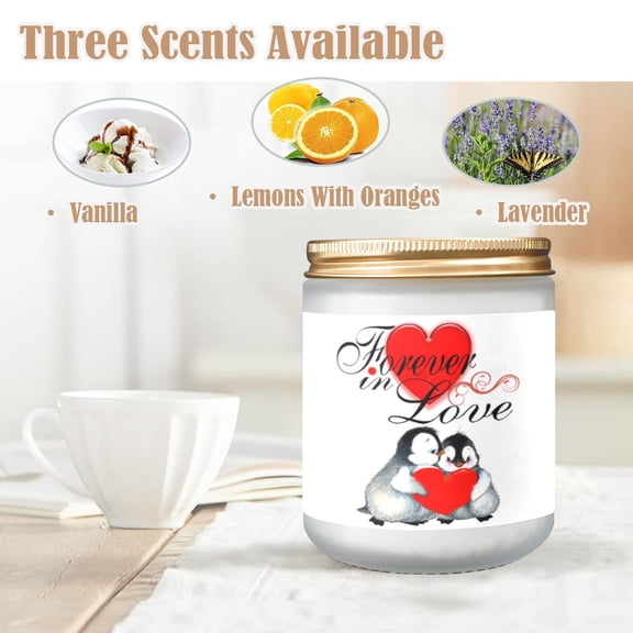 Scented Glass Jar Candle – Valentine’s Penguins Design, Vanilla, Lavender, or Orange Lemon Fragrance - Lavender