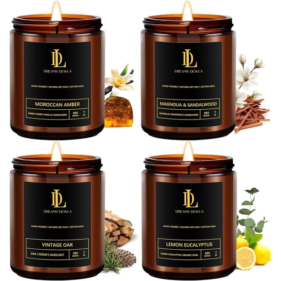 Scented Set, Soy for Home Scented, 4 Pack 28oz Candle Gifts for Men Women, Scents of Magnolia & Sandalwood/Moroccan Amber/Lemon Eucalyptus/Vintage Oak