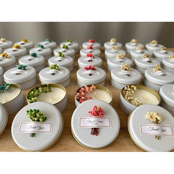 Scented Soy Wax Candle Favors with Dried Flowers - Personalized for Weddings, Bridal Showers, Baby Showers, Birthdays (10-20-30-40-50-100 PCS in Bulk)
