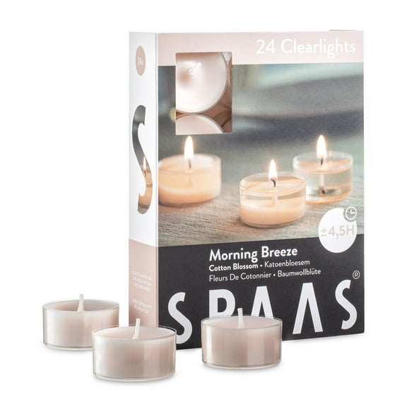 Scented Tea Lights Candles in Clear Cups, Cotton Blossom Fragrance, for Spa, Dinner, and Home Decor, 24 Pack