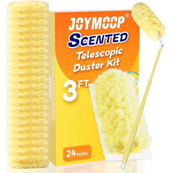Scented Telescopic Duster kit, 3FT Extendable Handle (Yellow) + 24 Yellow Refill Heads Easy Cleaning for Ceilings, Ceiling Fans, Blinds, Vents & Shelves