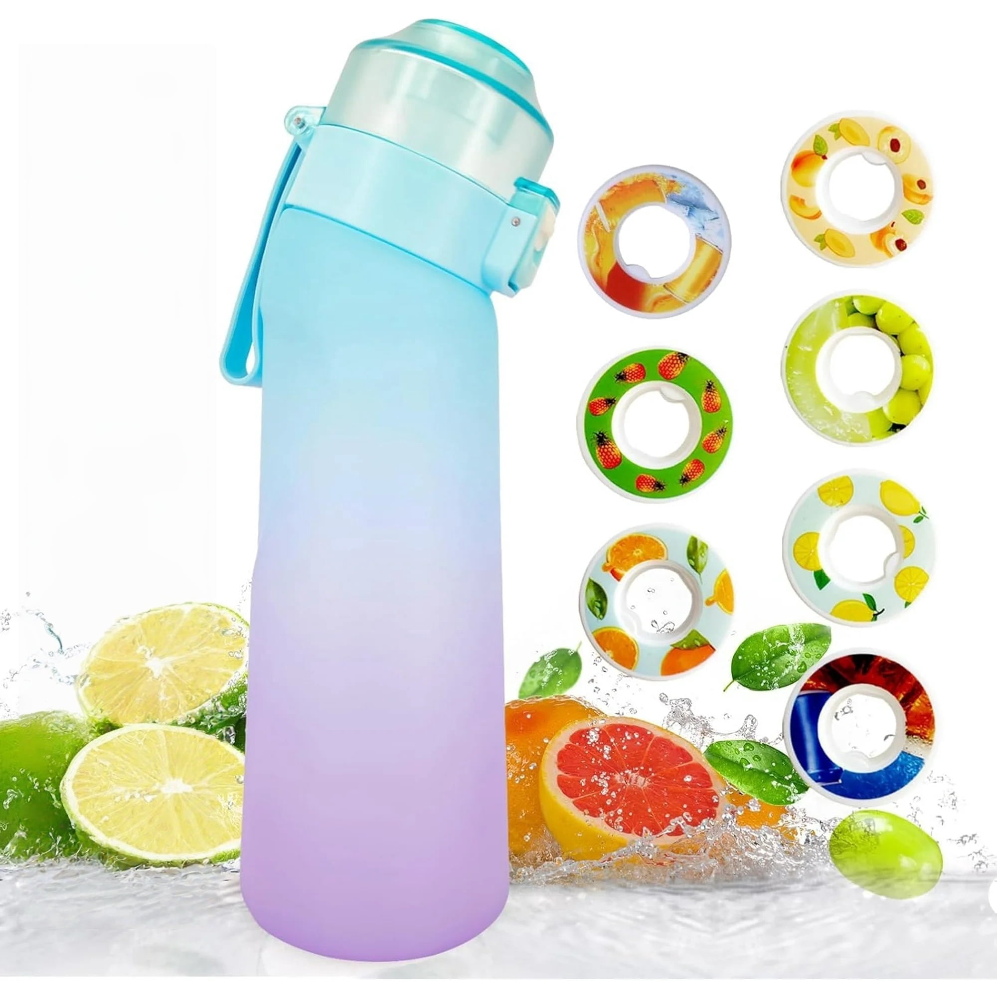 Scented Water Bottle Set with Lid, 22oz Plastic Scent Water Bottle with 7 Fruit Flavor Pods, BPA Free for School Gym (Blue Purple)