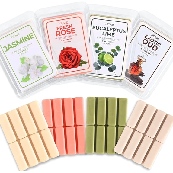 Scented Wax Melts Variety Pack of 4x8ea - Exotic Oud|Fresh Rose|Eucalyptus Lime|Jasmine - Non Toxic Soy Wax and Essential Oils - Long Lasting Strong Scent Pet Safe Candle Wax Cubes for Warmers